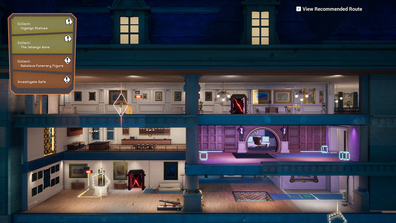A cutaway view of a museum during the planning stages of a heist in getaway platformer Relooted.